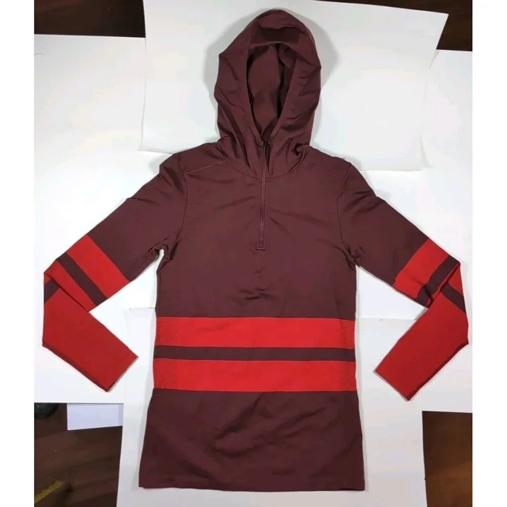 The North Face Red Stripe Secondskin Seamless 1/4 Zip Hooded Pullover Medium - Picture 1 of 9